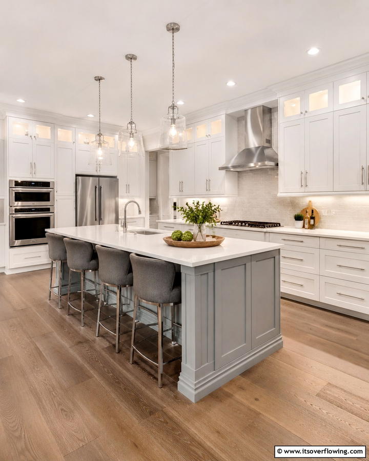 Timeless White Cabinets with a Subtle Grey Island - 25 White Kitchen Cabinets with Grey Island Ideas