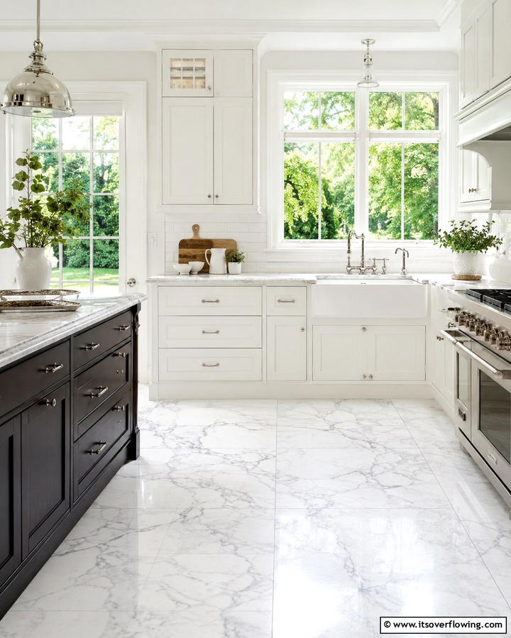 Timeless White Carrara Marble - 25 Marble Kitchen Floor Ideas for Timeless Elegance