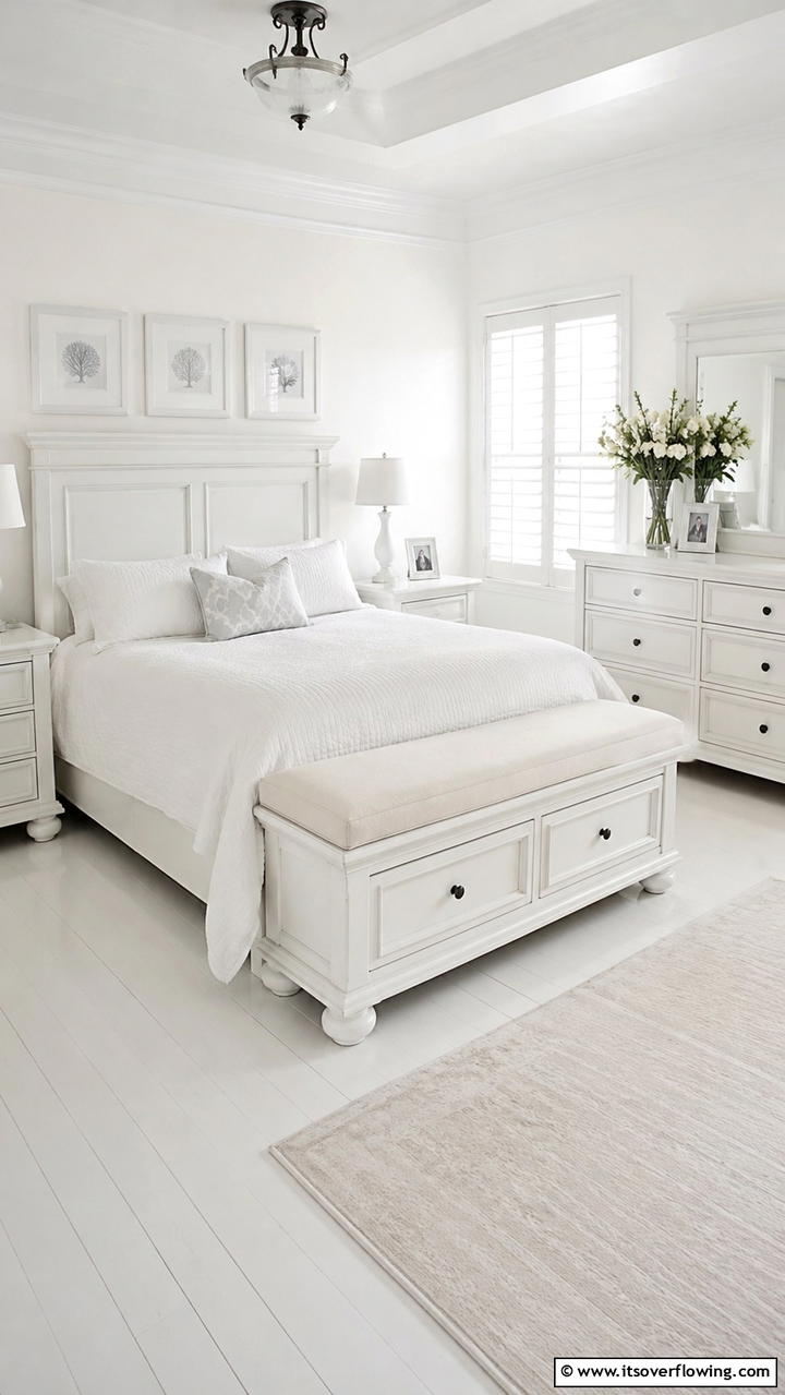 Timeless White Furnishings - 21 Serene White Bedroom Ideas for a Calming Retreat