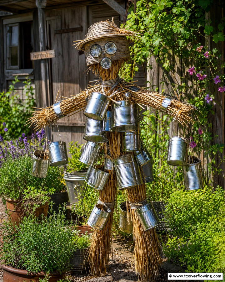 Tin Can Scarecrow - 20 Garden Scarecrow Ideas to Protect and Decorate Your Garden