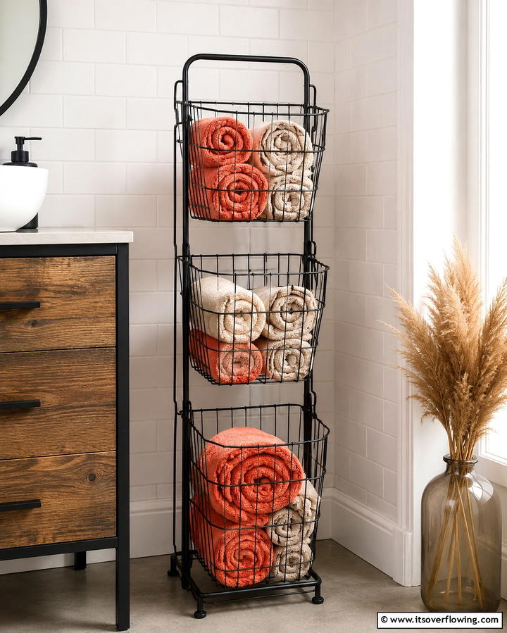 Towel Basket Tower - 25 Towel Display Ideas to Organize Your Bathroom