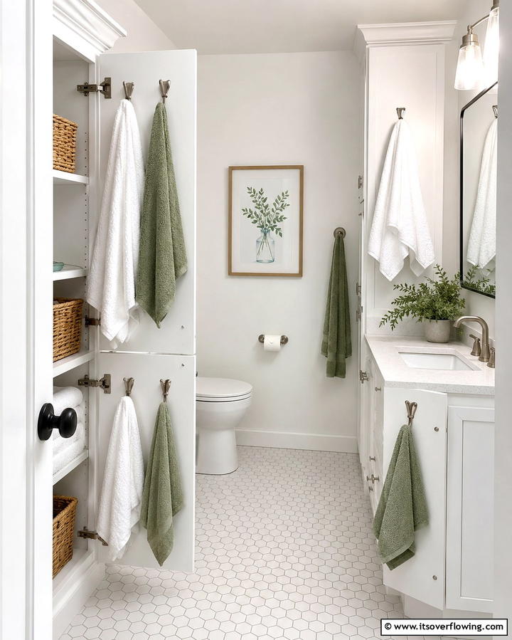 Towel Hooks on Cabinet Doors - 30 Towel Storage Ideas for Organized and Stylish Bathrooms