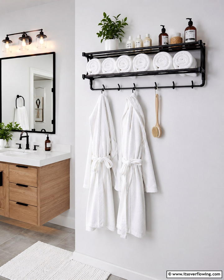 Towel Rack with Built In Hooks and Shelves - 30 Towel Storage Ideas for Organized and Stylish Bathrooms