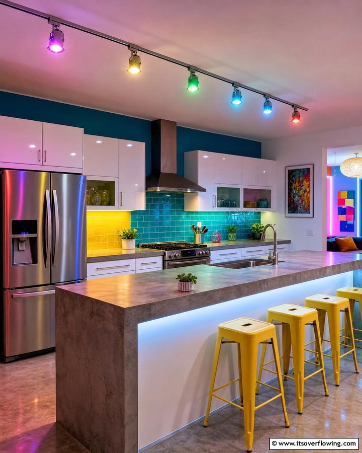 Track Lighting with Color Changing LEDs for Versatility - 20 Kitchen Track Lighting Ideas for a Bright and Functional Space