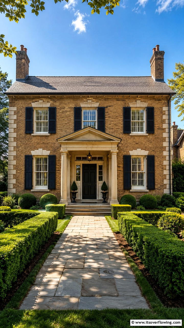 Traditional Brick House with Classic Stone Details - 30 Brick Houses With Stone Accents- Exterior Design Inspiration