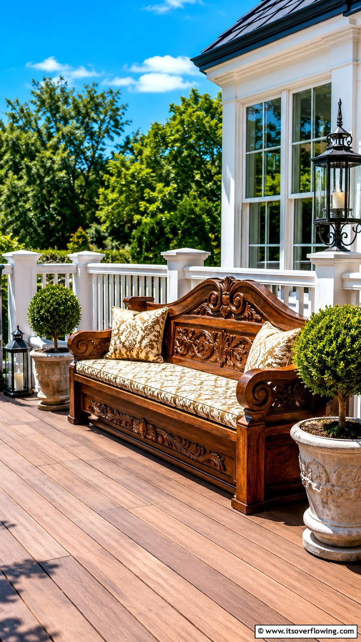 Traditional Built In Bench with Carved Details - 30 Built-In Deck Bench Ideas- Functional Outdoor Seating