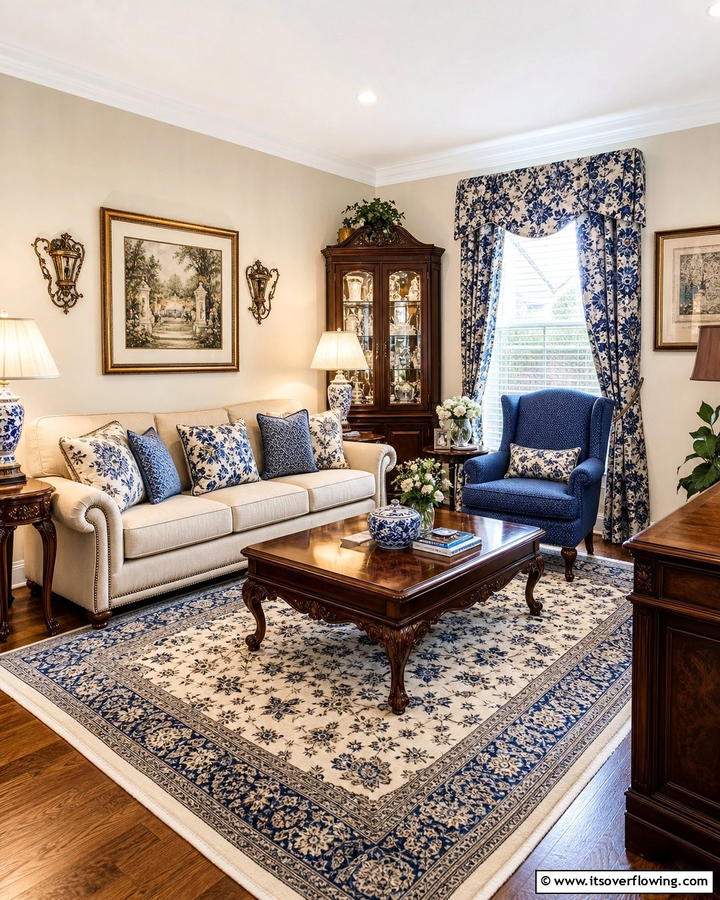 Traditional Elegance with Blue and Beige - 20 Blue and Beige Living Room Ideas- Serene Spaces