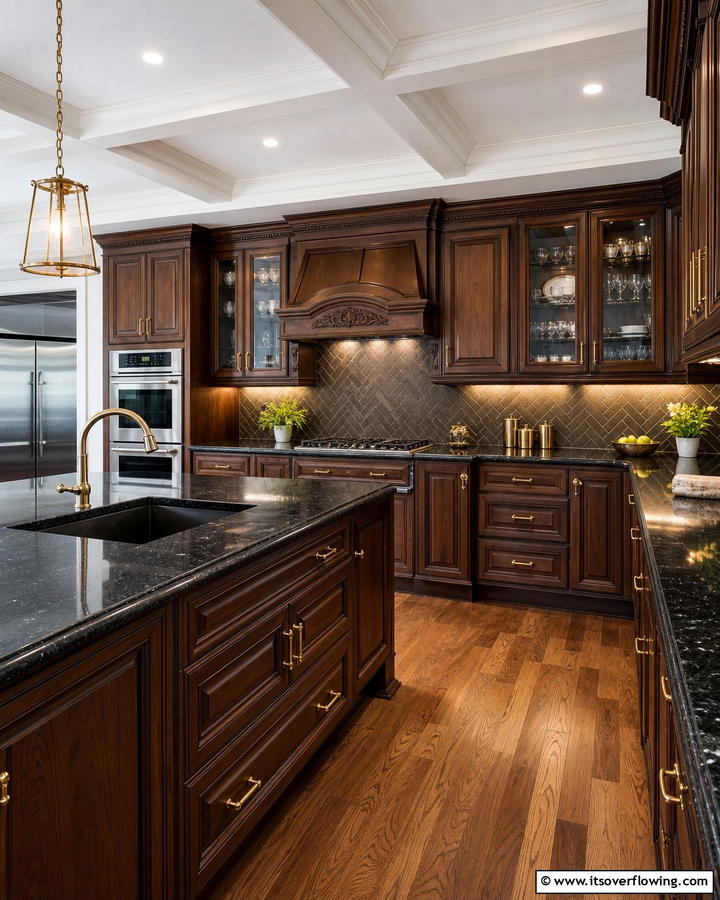 Traditional Elegance with Dark Walnut - 25 Brown Kitchen Cabinets With Black Countertops