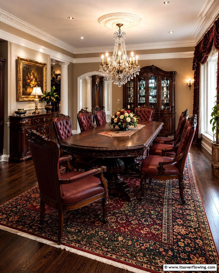 Traditional Elegance with Ornate Details - 25 Dark Wood Floor Dining Room Ideas for a Classic Look