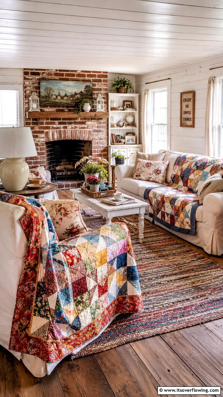 Traditional Quilt Throws - 30 Cottage Living Room Ideas for Cozy Home Spaces