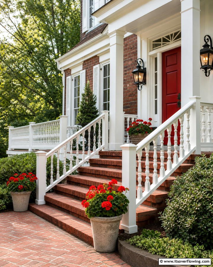 Traditional Red Brick Steps with White Railings - 25 Brick Front Steps Design Ideas for Curb Appeal