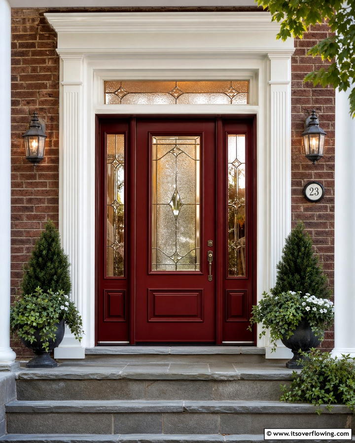 Traditional Warmth with Dark Red and Glass Panels - 25 Dark Red Front Door Ideas for a Bold Entrance