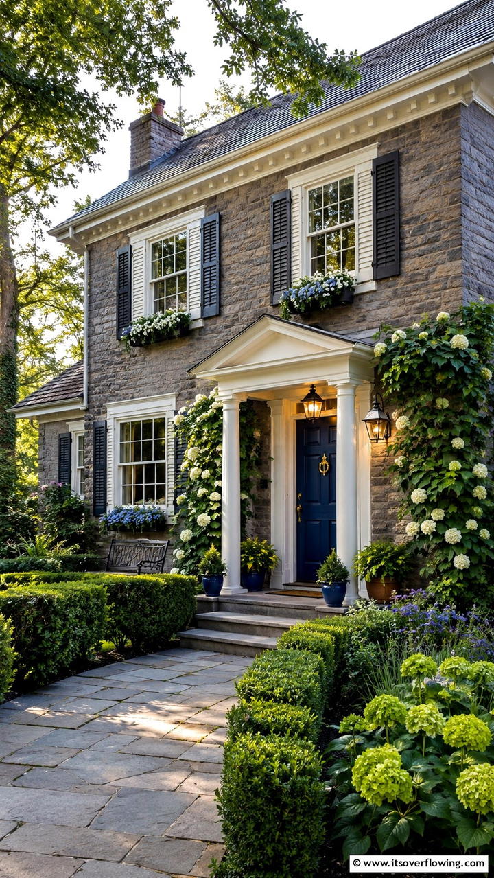 Traditional Warmth - 30 Grey House With Blue Door Ideas- Charming Curb Appeal