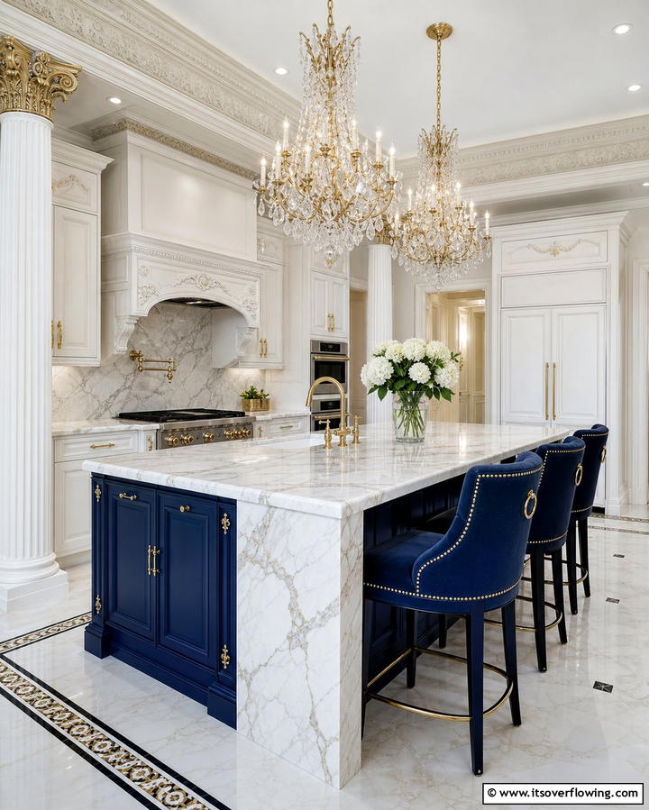 Traditional White Cabinets with a Royal Blue Island - 25 White Kitchen Cabinets With Blue Island Ideas