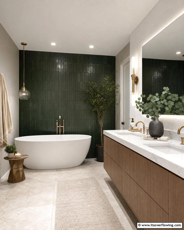 Tranquil Bathroom Green Escape - 21 Dark Green Accent Wall Ideas for Dramatic Interiors