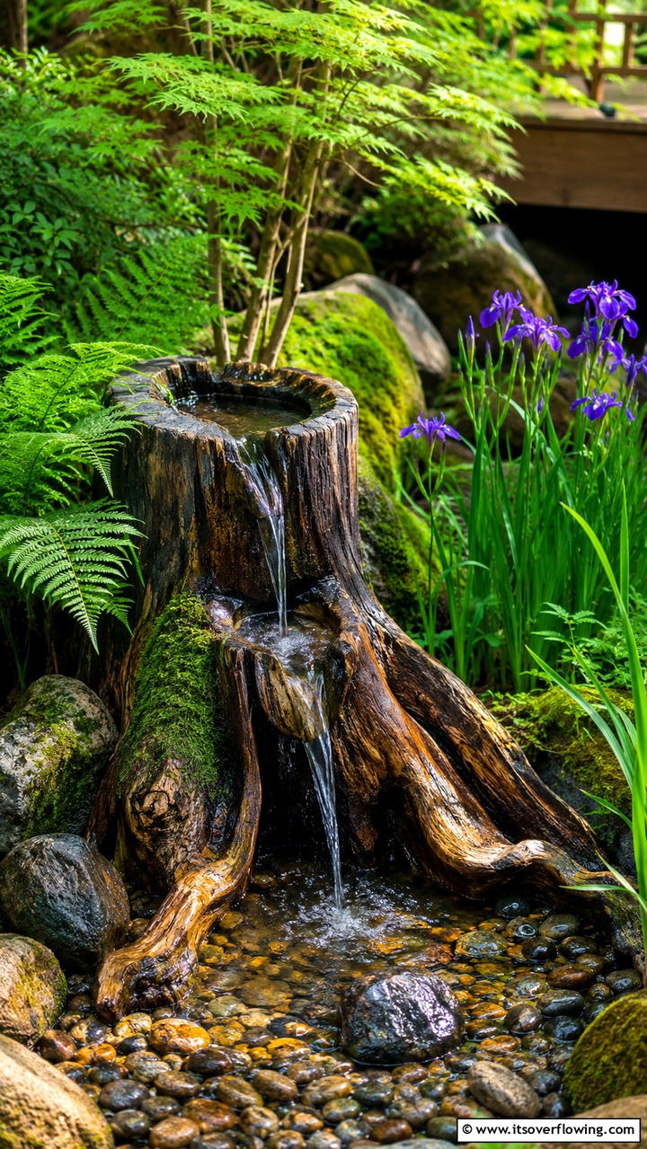 Tranquil Water Fountain - 21 Creative Tree Stump Decorating Ideas for Rustic Accents