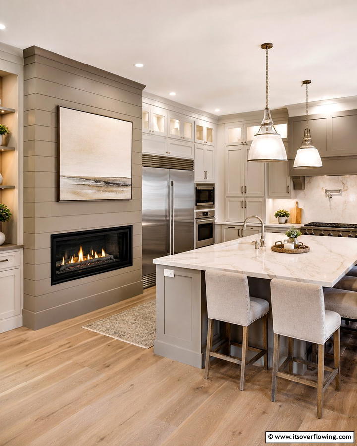 Transitional Kitchen with a Built In Fireplace - 25 Kitchens With Fireplaces for a Unique Cooking Space