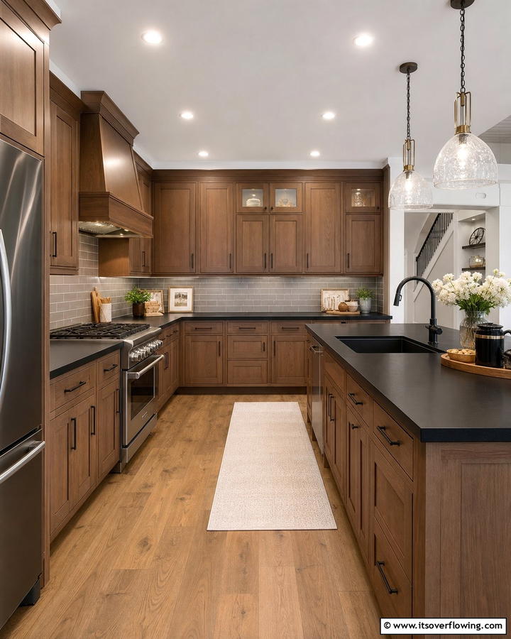 Transitional Style with Balanced Tones - 20 Kitchen Ideas with Brown Cabinets and Black Countertops