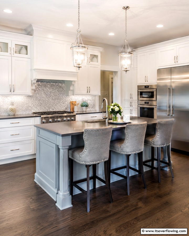 Transitional Style with White Cabinets and a Two Tone Grey Island - 25 White Kitchen Cabinets with Grey Island Ideas