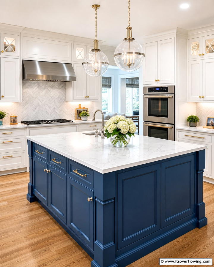 Transitional Style with White Raised Panel Cabinets and Blue Island - 25 White Kitchen Cabinets With Blue Island Ideas