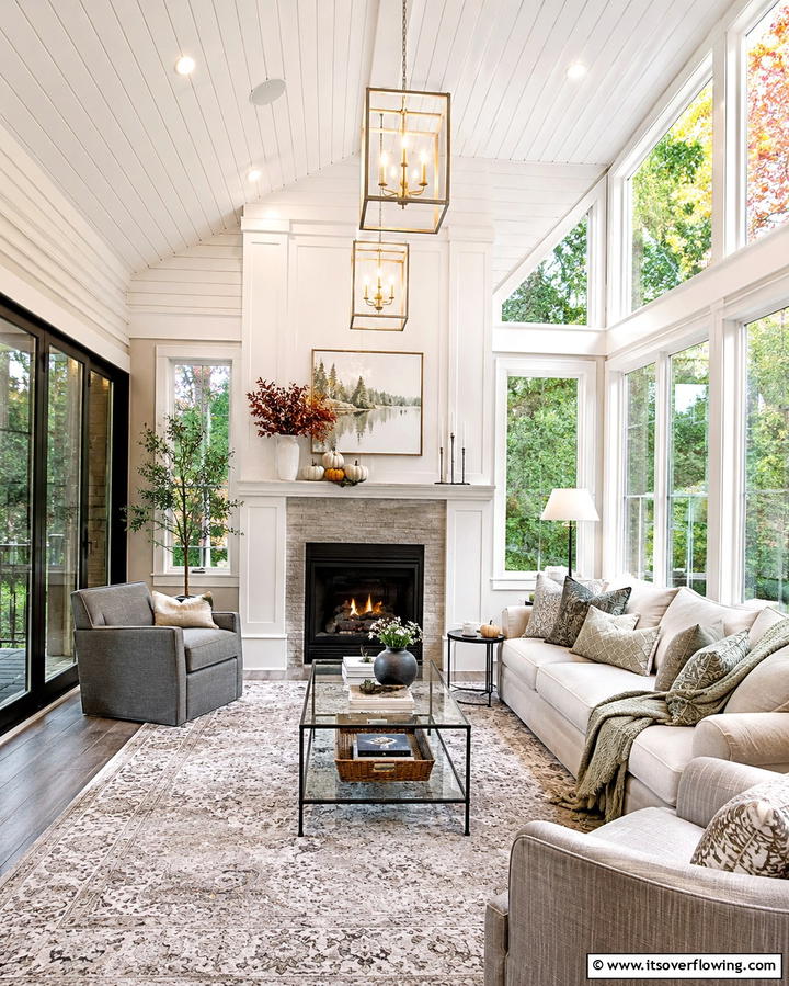 Transitional Sunroom with Versatile Fireplace Feature - 30 Sunroom With Fireplace Ideas for Year-Round Comfort