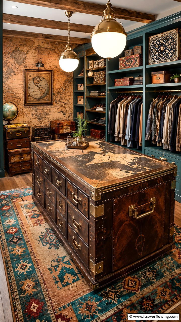 Travel Inspired Closet Island - 30 Closet Island Ideas- Luxurious Walk-In Storage Solutions