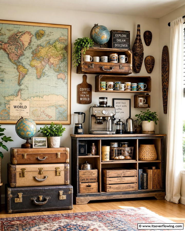 Travel Inspired Coffee Nook - 21 Functional Coffee Station Ideas for Kitchen or Office