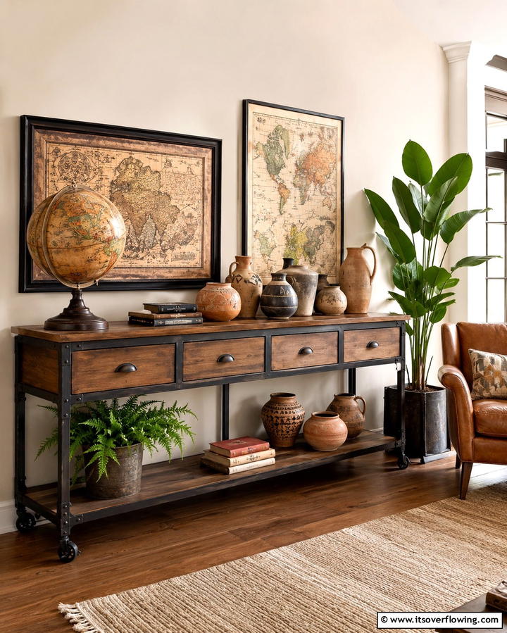 Travel Inspired Collectibles - 25 Sideboard Decor Ideas to Enhance Your Living Space