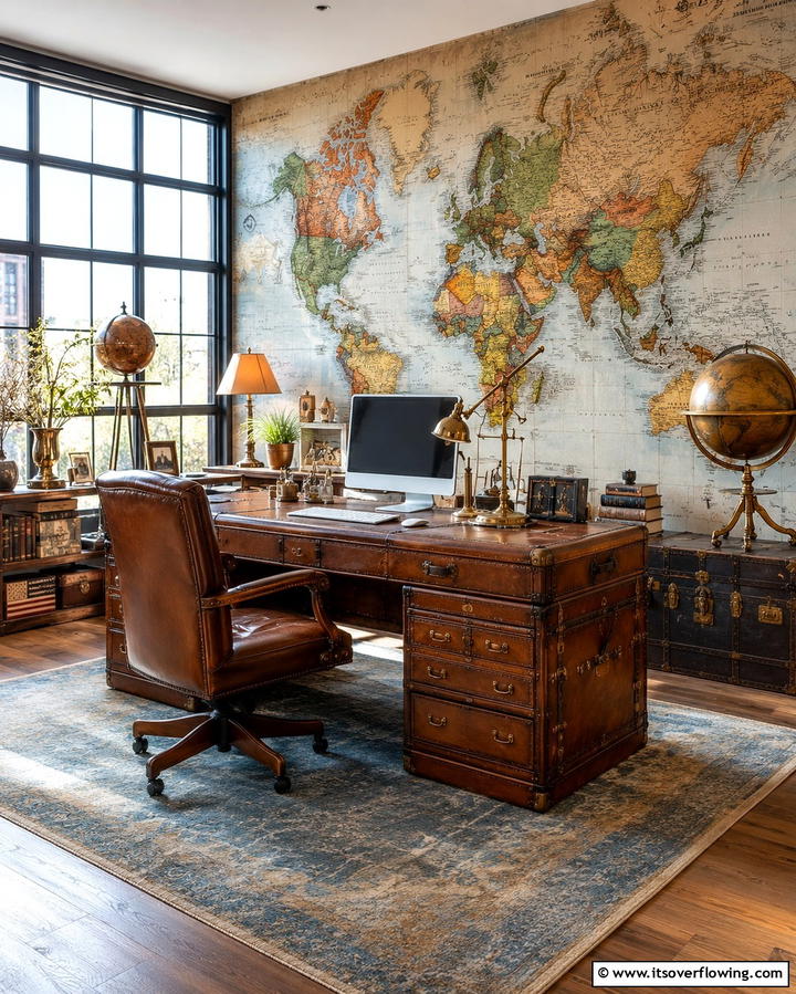 Travel Inspired Workspace - 30 Home Office Ideas Designed Specifically for Him