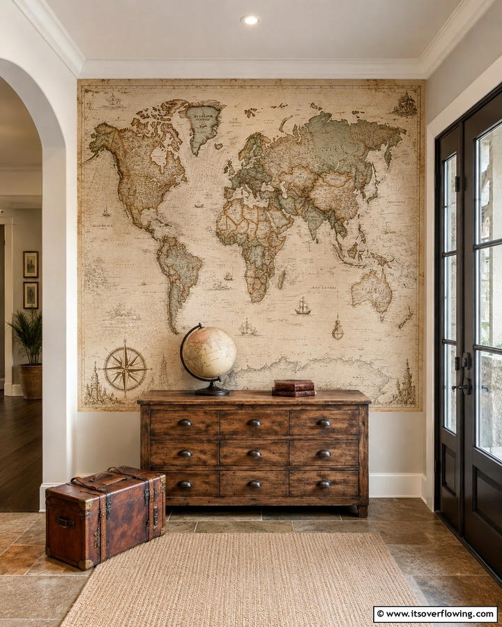 Travel Map Mural - 30 Entryway Wall Ideas for First Impressions and Functional Storage