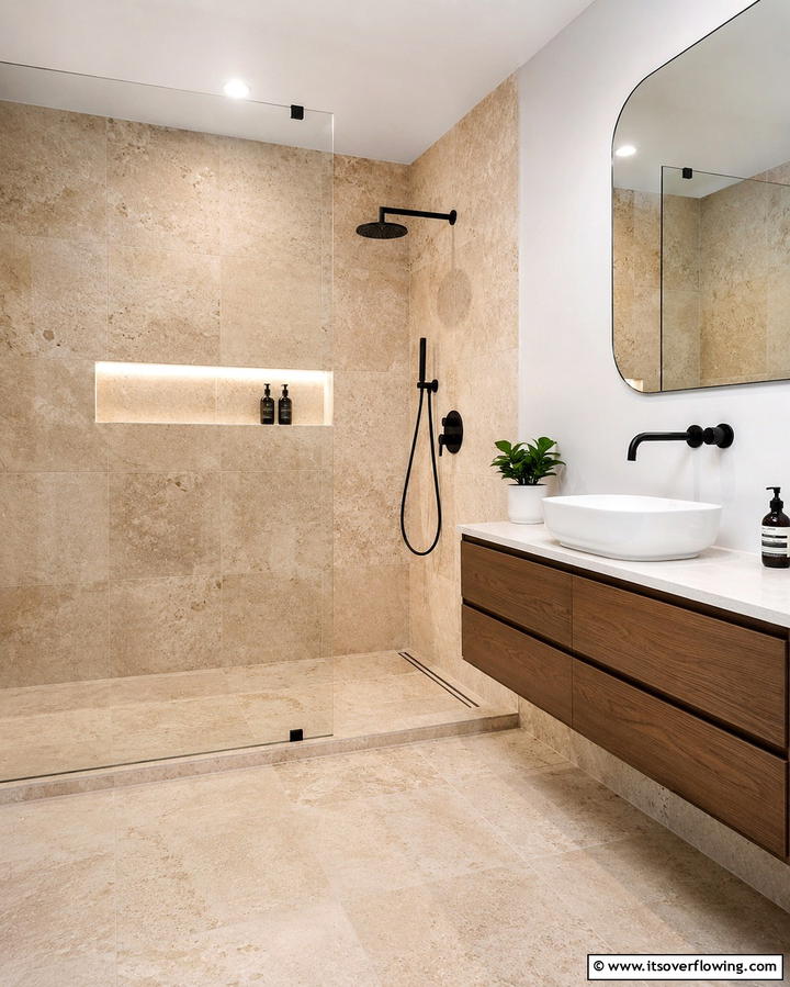 Travertine Floor to Ceiling Shower - 25 Travertine Tile Bathroom Ideas for Natural Beauty