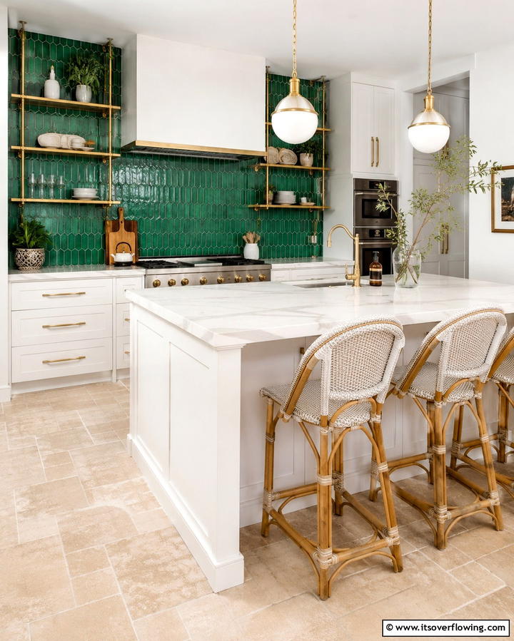 Travertine Floors Paired with Bold Backsplashes - 25 Travertine Floor Kitchen Ideas for Elegance