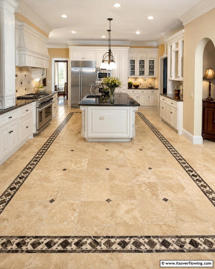 Travertine Floors with Accent Borders - 25 Travertine Floor Kitchen Ideas for Elegance