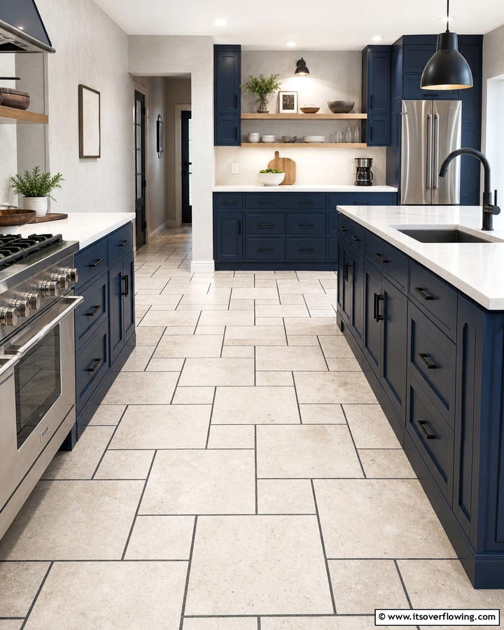 Travertine Floors with Contrasting Grout - 25 Travertine Floor Kitchen Ideas for Elegance