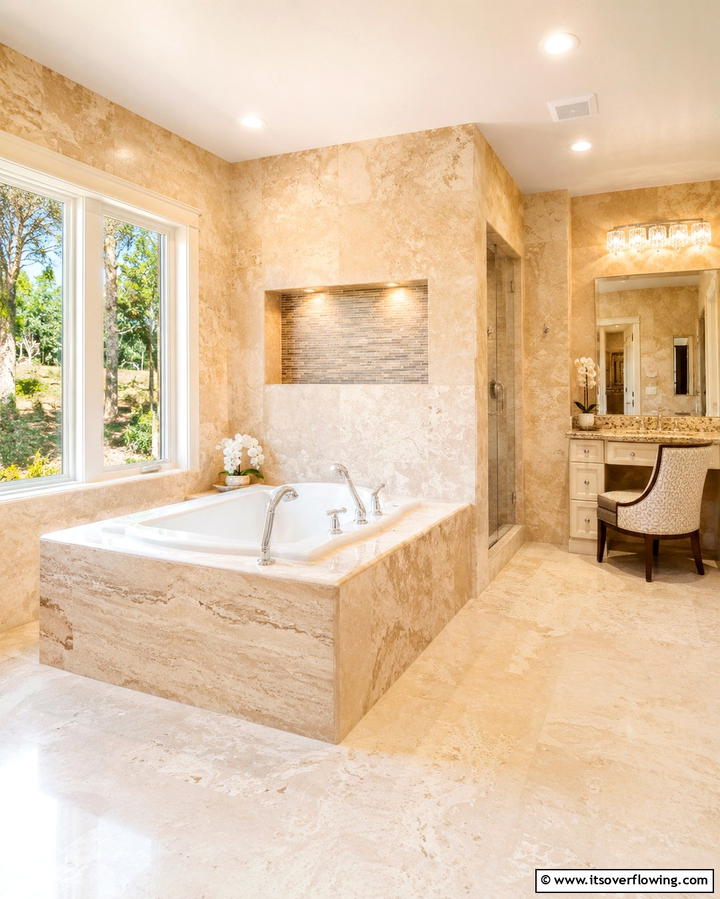 Travertine and Marble Combination - 25 Travertine Tile Bathroom Ideas for Natural Beauty