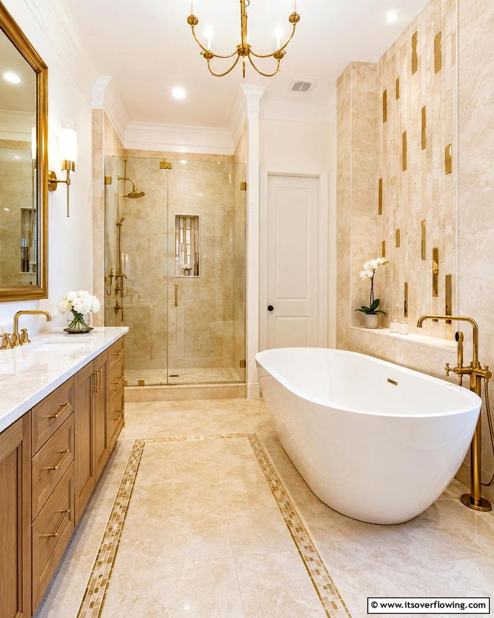 Travertine with Metallic Accents - 25 Travertine Tile Bathroom Ideas for Natural Beauty