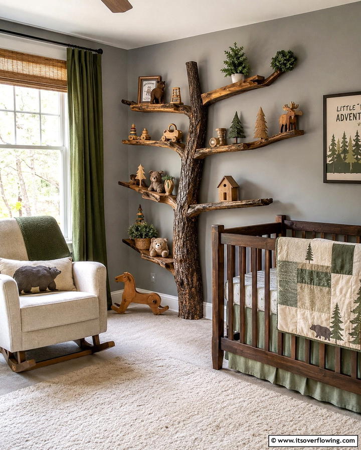 Tree Branch Shelves - 30 Nature Themed Nursery Ideas for a Serene Kids Room