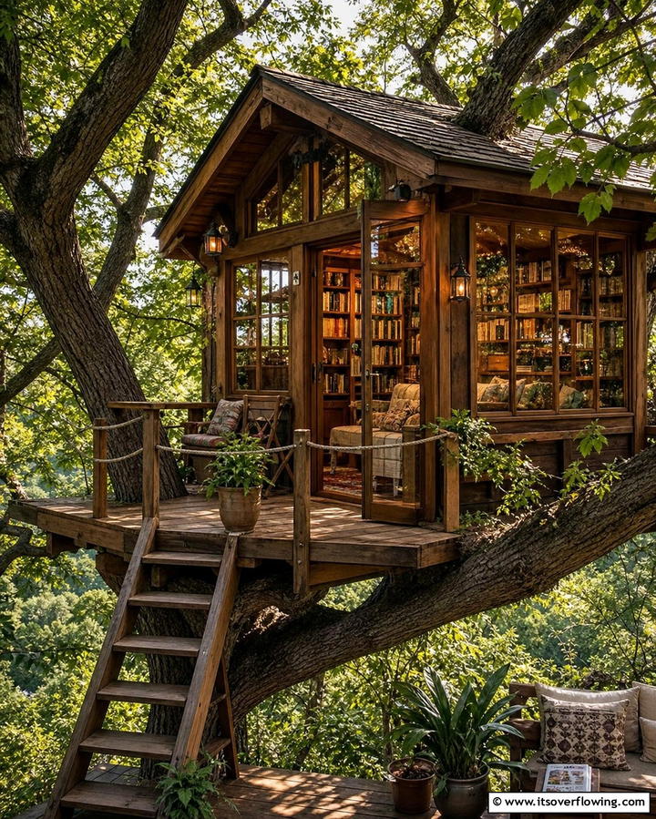 Tree House Library Hideaway - 25 Tree House Ideas for Magical Outdoor Adventures
