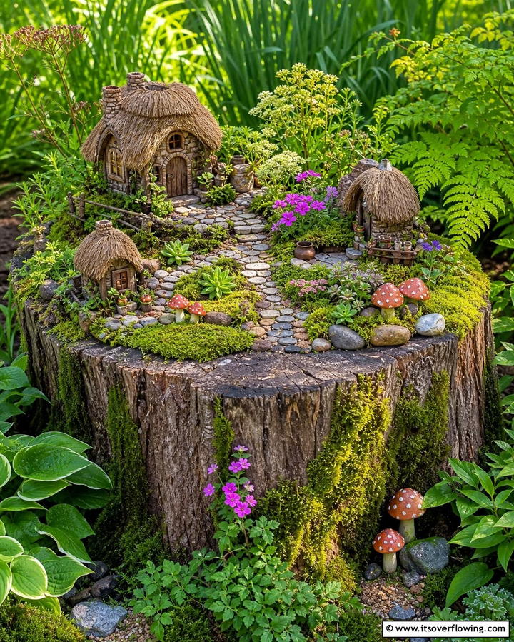 Tree Stump Fairy GardenOne - 25 Fairy Garden Container Ideas for a Magical Touch