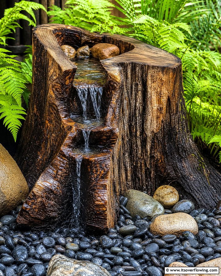 Tree Stump Waterfall Feature - 25 Tree Stump Fairy Garden Ideas for Enchanting Spaces