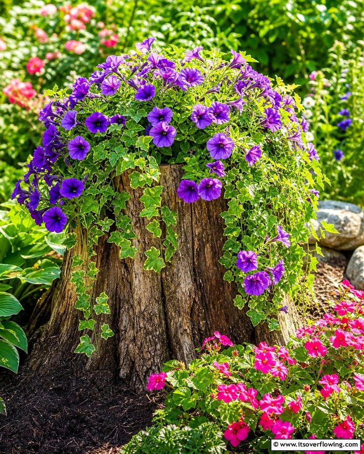 Tree Stump with Cascading Flowers - 25 Tree Stump Fairy Garden Ideas for Enchanting Spaces