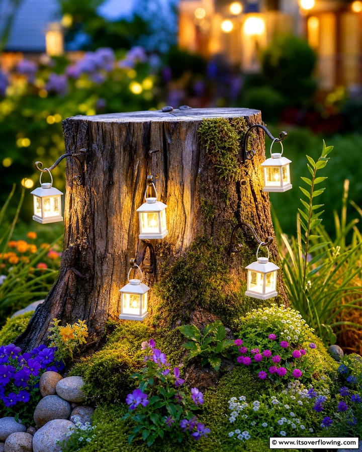 Tree Stump with Fairy Lanterns - 25 Tree Stump Fairy Garden Ideas for Enchanting Spaces