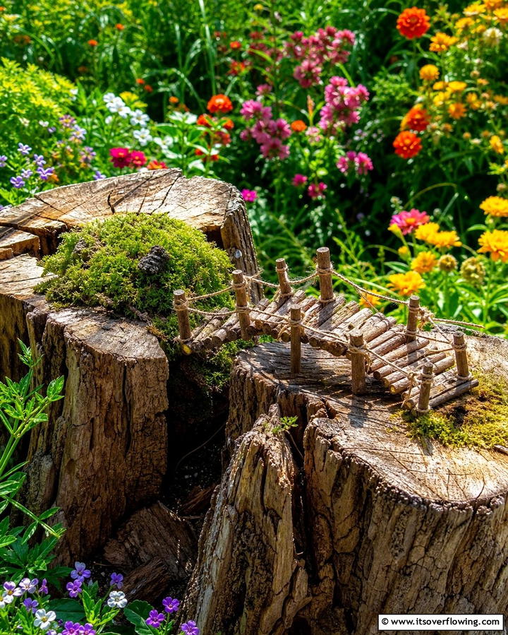 Tree Stump with Miniature Bridge - 25 Tree Stump Fairy Garden Ideas for Enchanting Spaces