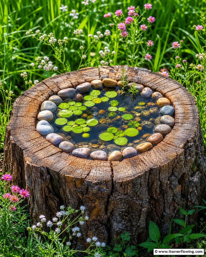 Tree Stump with Miniature Pond - 25 Tree Stump Fairy Garden Ideas for Enchanting Spaces