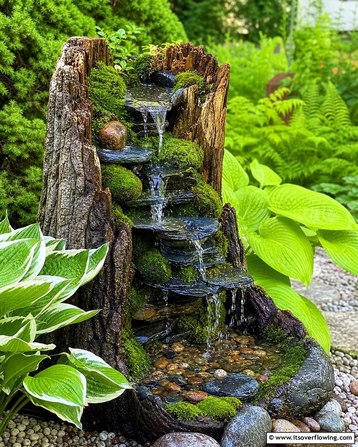 Tree Stump with Natural Waterfall - 25 Tree Stump Fairy Garden Ideas for Enchanting Spaces