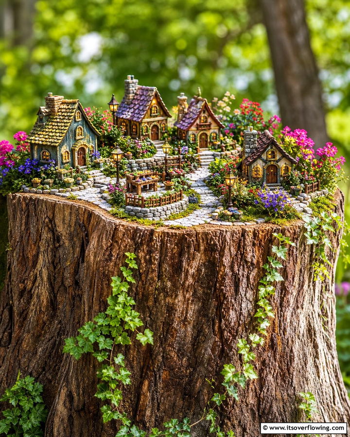 Tree Stump with Tiny Fairy Village - 25 Tree Stump Fairy Garden Ideas for Enchanting Spaces