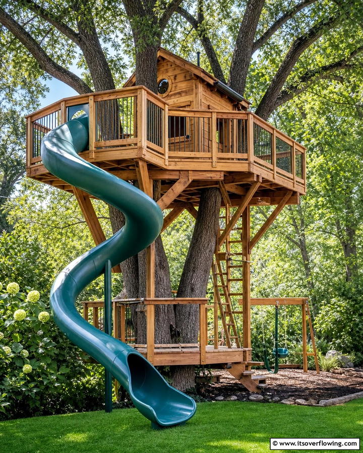 Treehouse with Built In Slide - 25 Tree House Ideas for Magical Outdoor Adventures