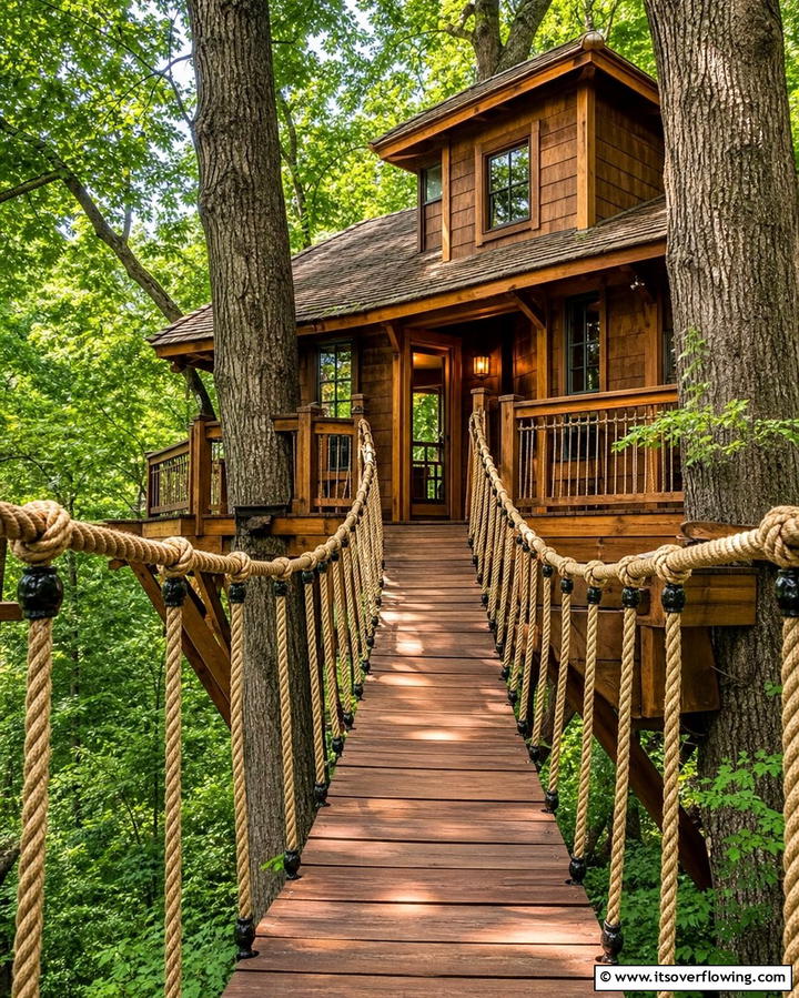 Treehouse with Swinging Bridge - 25 Tree House Ideas for Magical Outdoor Adventures