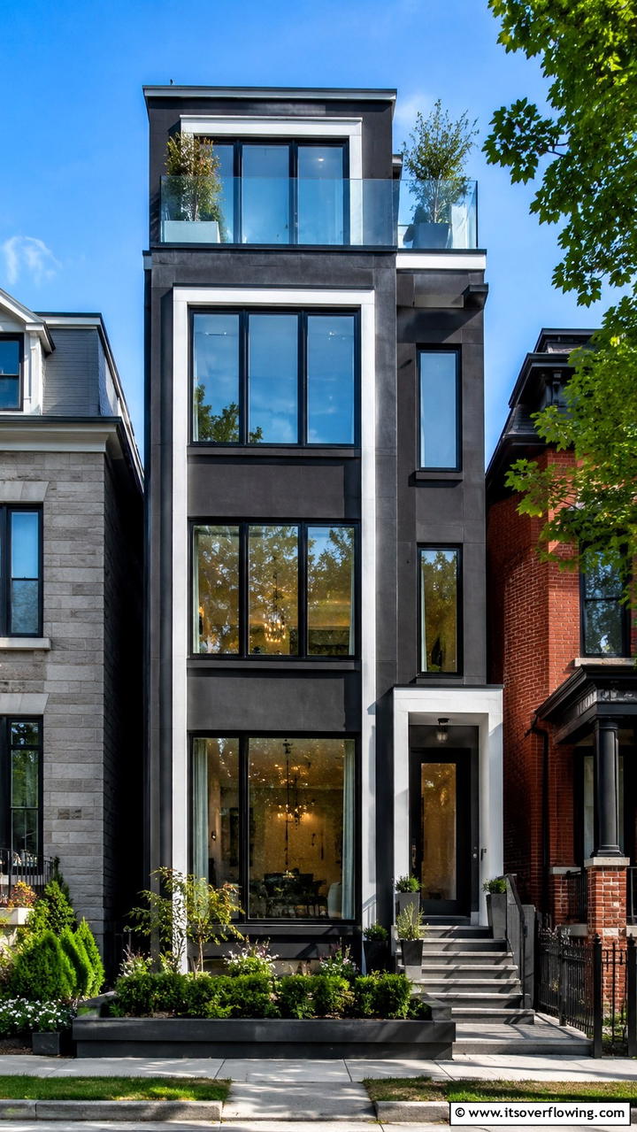 Trendy Townhouse with Black Window Features - 30 Modern House Designs With Black Windows Inspiration