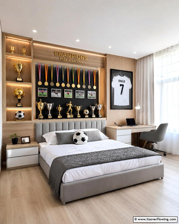Trophy Shelf for Soccer Achievements - 30 Sporty Soccer Bedroom Ideas for Young Athletes